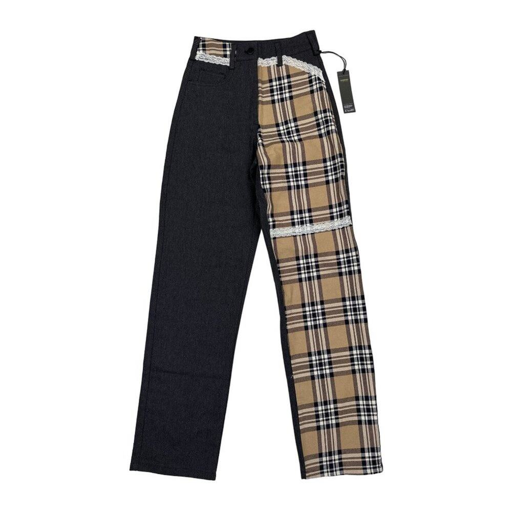 Finesse - Plaid & Lace Straight Leg Jeans in Gray & Tan